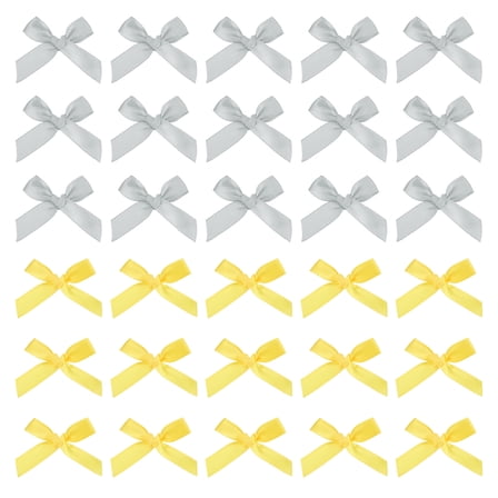 Uxcell 50 Pcs Mini Ribbon Bow 1.8 Inch Mini Fabric Satin Ribbon Flower Bows for Craft DIY Sewing Wedding Birthday Party Light Gray/Bright Yellow