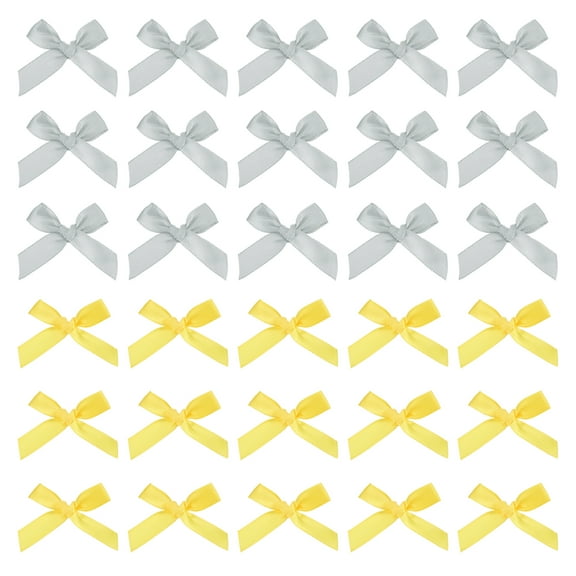 Uxcell 50 Pcs Mini Ribbon Bow 1.8 Inch Mini Fabric Satin Ribbon Flower Bows for Craft DIY Sewing Wedding Birthday Party Light Gray/Bright Yellow