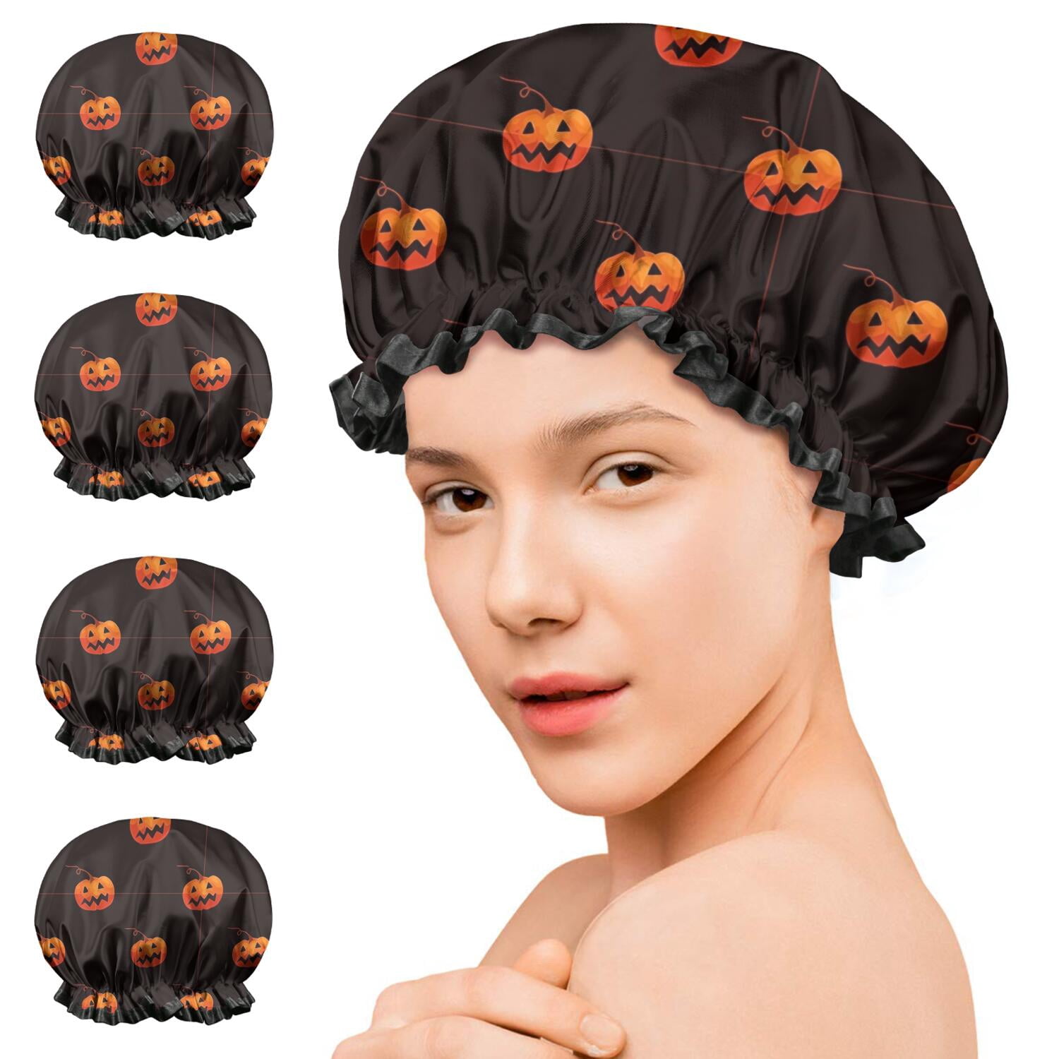Shower Caps,Black Halloween Pumpkins Waterproof Shower Cap for Women 4 Pieces,Double Reusable Hair Cover for Shower PEVA Elastic Stretch Hem