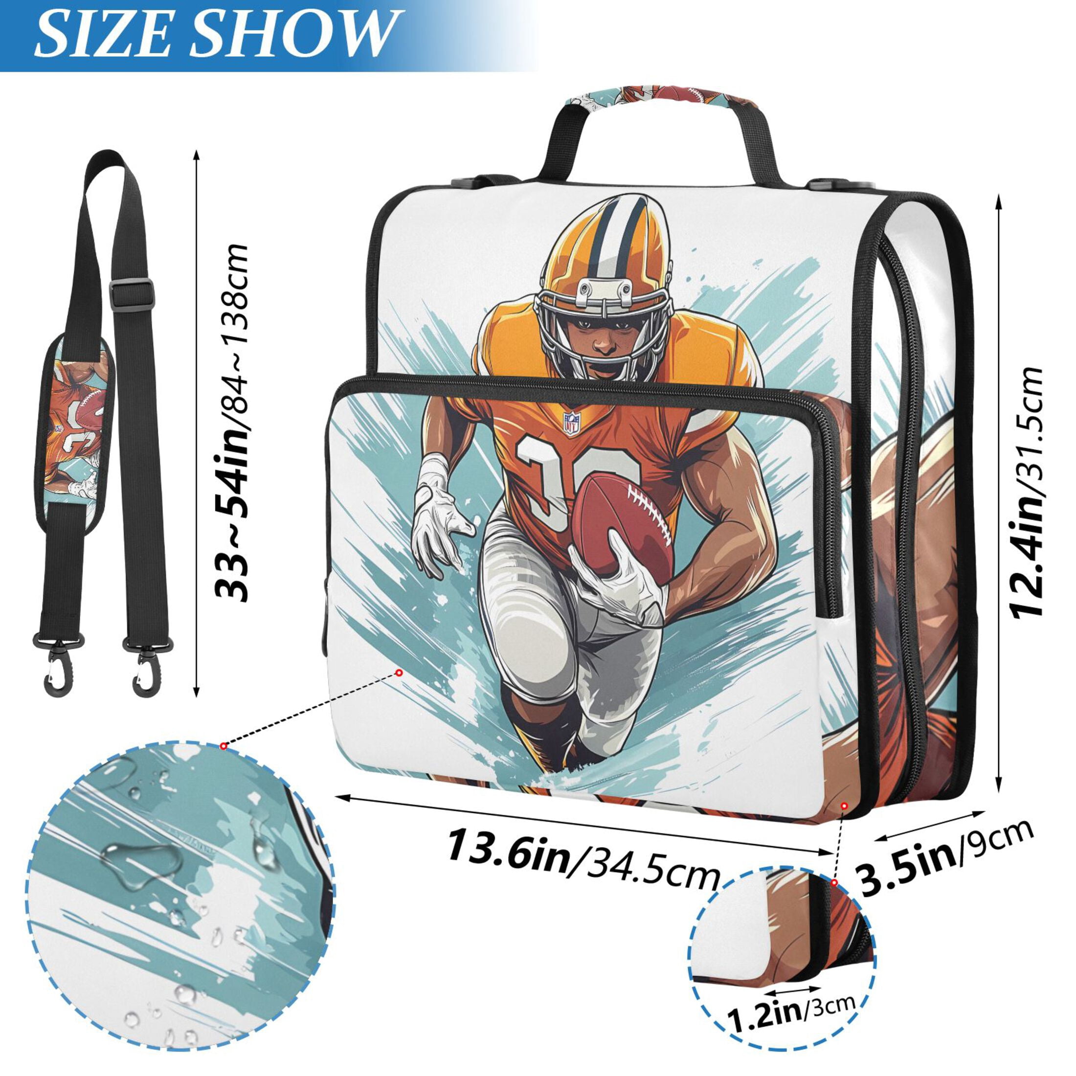 3 Ring Zipper Binder with Shoulder Strap Waterproof Trapper Keeper 2 Inch D-Ring 500 Sheets Capacity Cartoon American Football Player