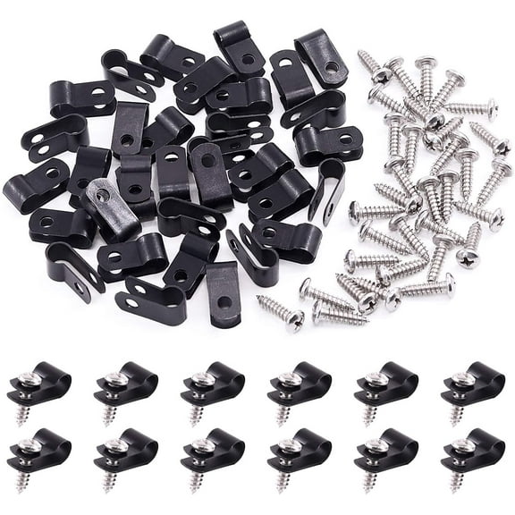120 Pack Black 1/4 Inch Nylon Plastic R-Type Cable Clips Clamp Kit, Nylon Screw Mounting Cord Fastener Clips with 120 Pack Screws for Wire Management (1/4 Inch, Black)