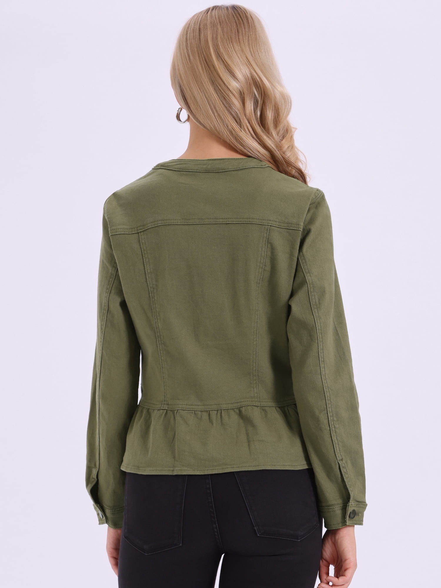 DARING DIVA Women's Peplum Hem Button Down Collarless Jean Jacket S Army Green