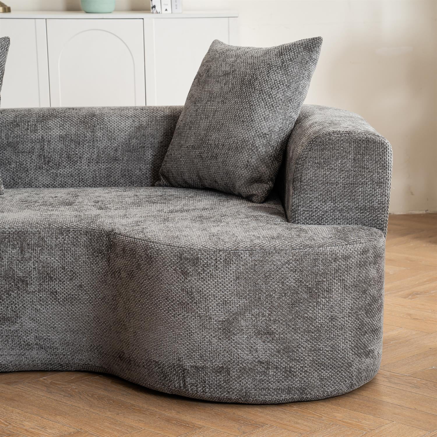 Demi Bonn 106" Moon Shaped Modern Sofa Bed, Deep Seat Cat Waist Sectional, Chenille Fabric Compressed Sponge Couch for Living Room, Gray