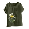 thumbnail image 3 of DDAPJ pyju Plus Size Linen Shirt for Womens Floral Printed Short Sleeve Casual Round Neck Blouse Spring Dressy Tops Loose Fit Hide Belly Shirts Lightning Deals Army Green L, 3 of 5