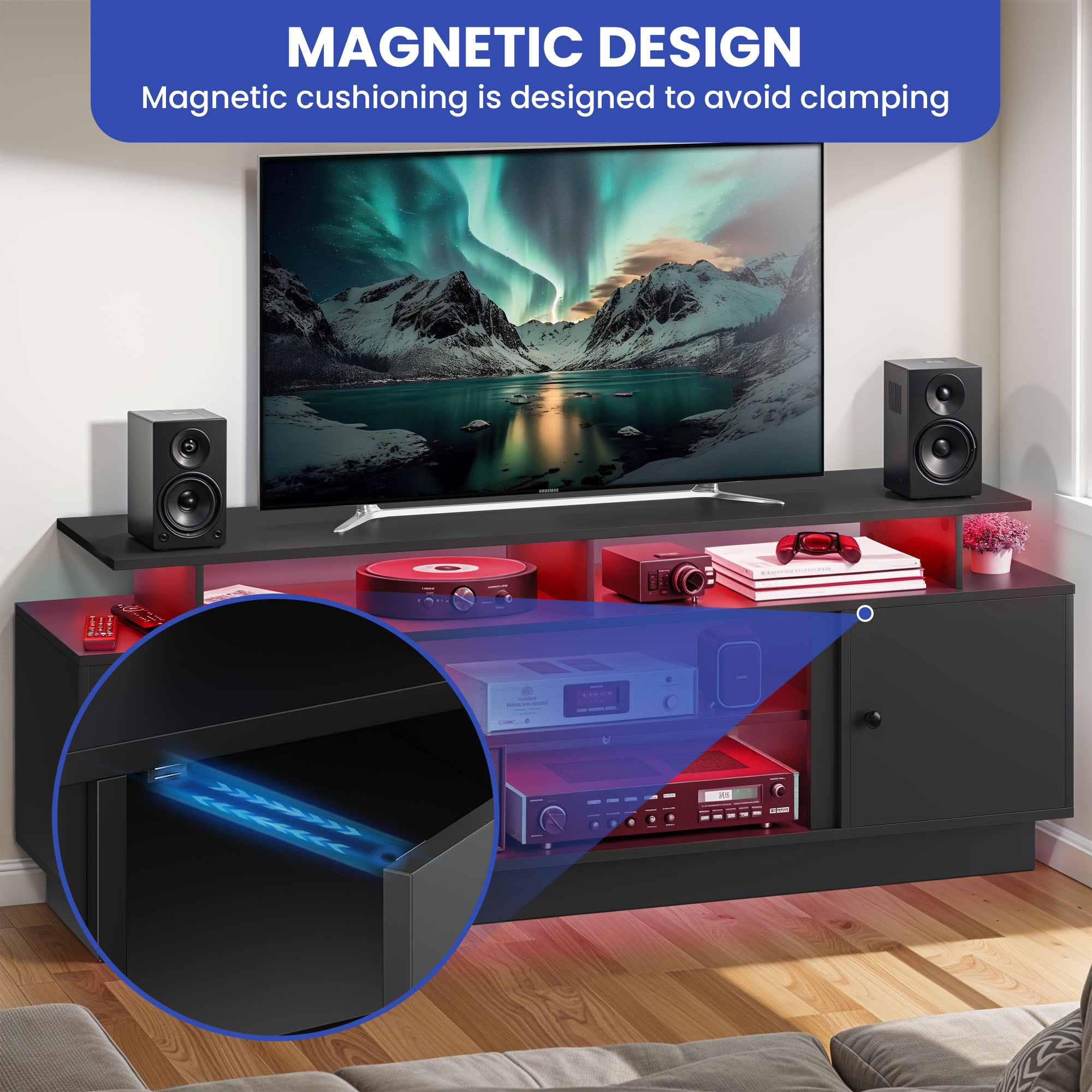 Dextrus 70 Inch Black Modern TV Stand, Suitable for TVs Up to 75 Inches, Living Room Entertainment Center with Light Strip, Storage Cabinets and Adjustable Partition
