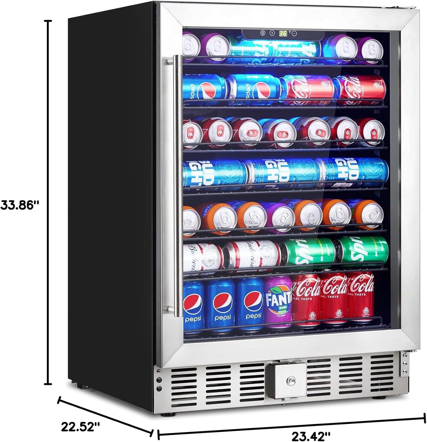 GAOMON LED Beverage Refrigerator, 24-Inch Drink Fridge with 166 Can Capacity, Adjustable Temperature, Air-Cooled System, Safety Lock, Front Ventilation