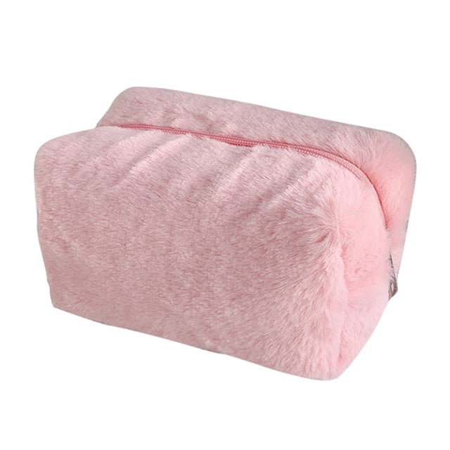 Bolsa de maquillaje suave y esponjosa de felpa - Bolsa de cosméticos portátil para niñas (rosa agua)