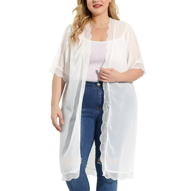 Women's Plus Size Cardigans Open Front Lace Trim Casual Cardigan White 3X