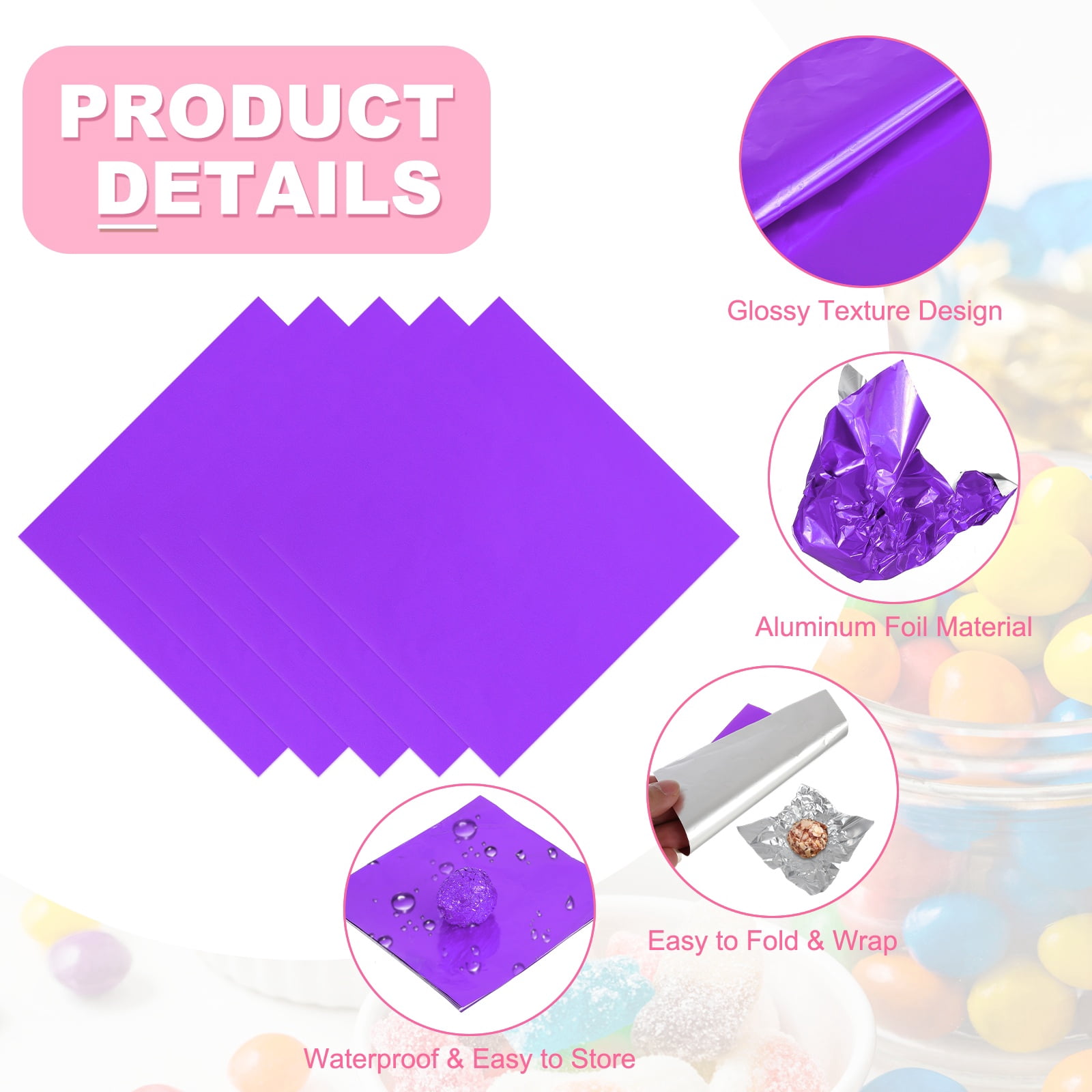 Uxcell 200 Pcs Candy Foil Wrappers, 7.87 x 7.87 Inch Aluminium Foil Chocolate Bar Square Wrappers for Tea Brownies DIY Packaging Wedding Party Decoration, Purple