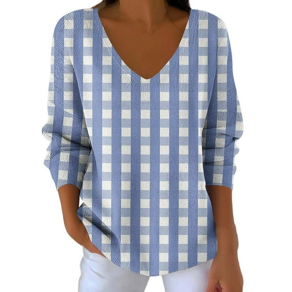 CHGBMOK Women V Neck Shirts 3/4 Sleeve Loose Summer Tops Tunic Checkered Casual T-Shirt