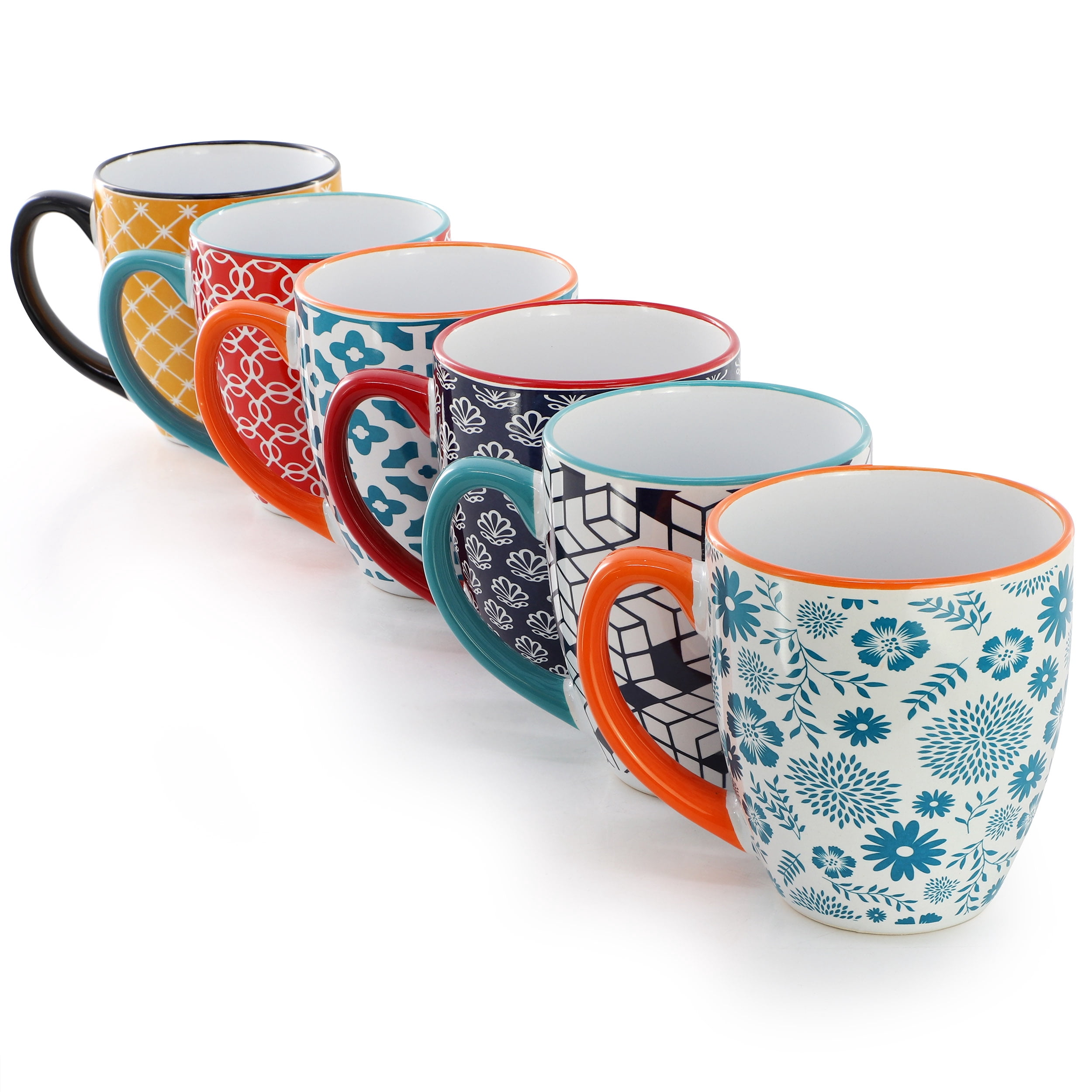 Elama Rory 6 Piece 16 Ounce Assorted Design Stoneware Mug Set in Assorted Colors