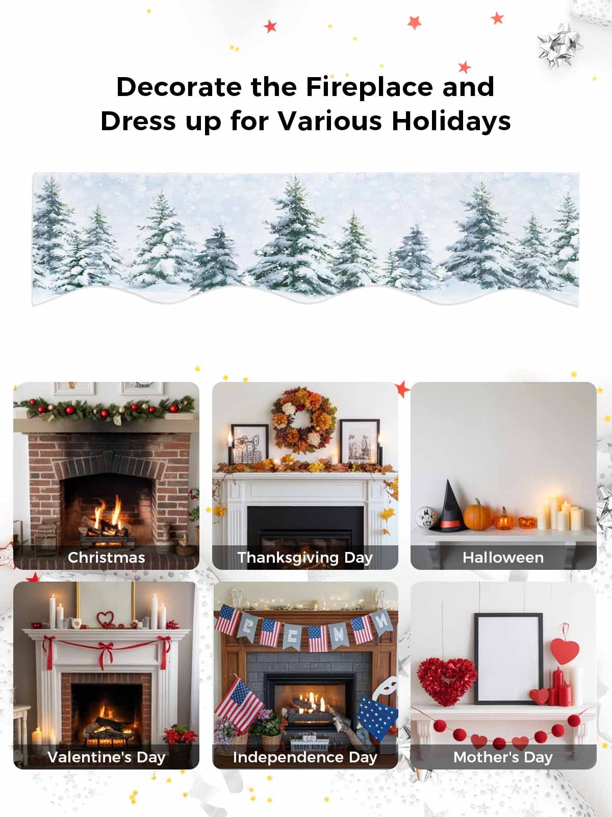 Christmas Tree Fireplace Mantle Scarf Winter Snow Scene Pine Trees Forest Farmhouse Mantel Cover Runner Fireplace Cloth for Holiday Party Home Living Room Decor 90 x 17 Inch