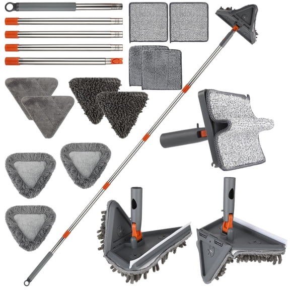 Wall Cleaner Mop with 80" Long Handle, 2-in-1 Triangle and Rectangle Cleaning Head with Squeegee, Cleaner Tool with 11 Washable Pads for Walls Ceilings Windows Floors