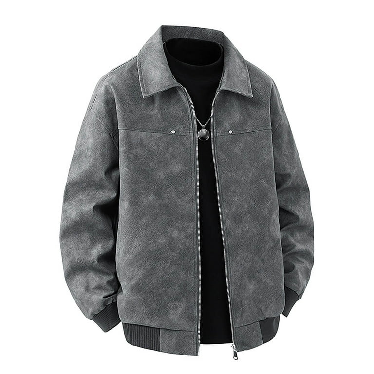 Men's Faux Leather Jacket Midweight Vintage Casual Full-Zip Solid