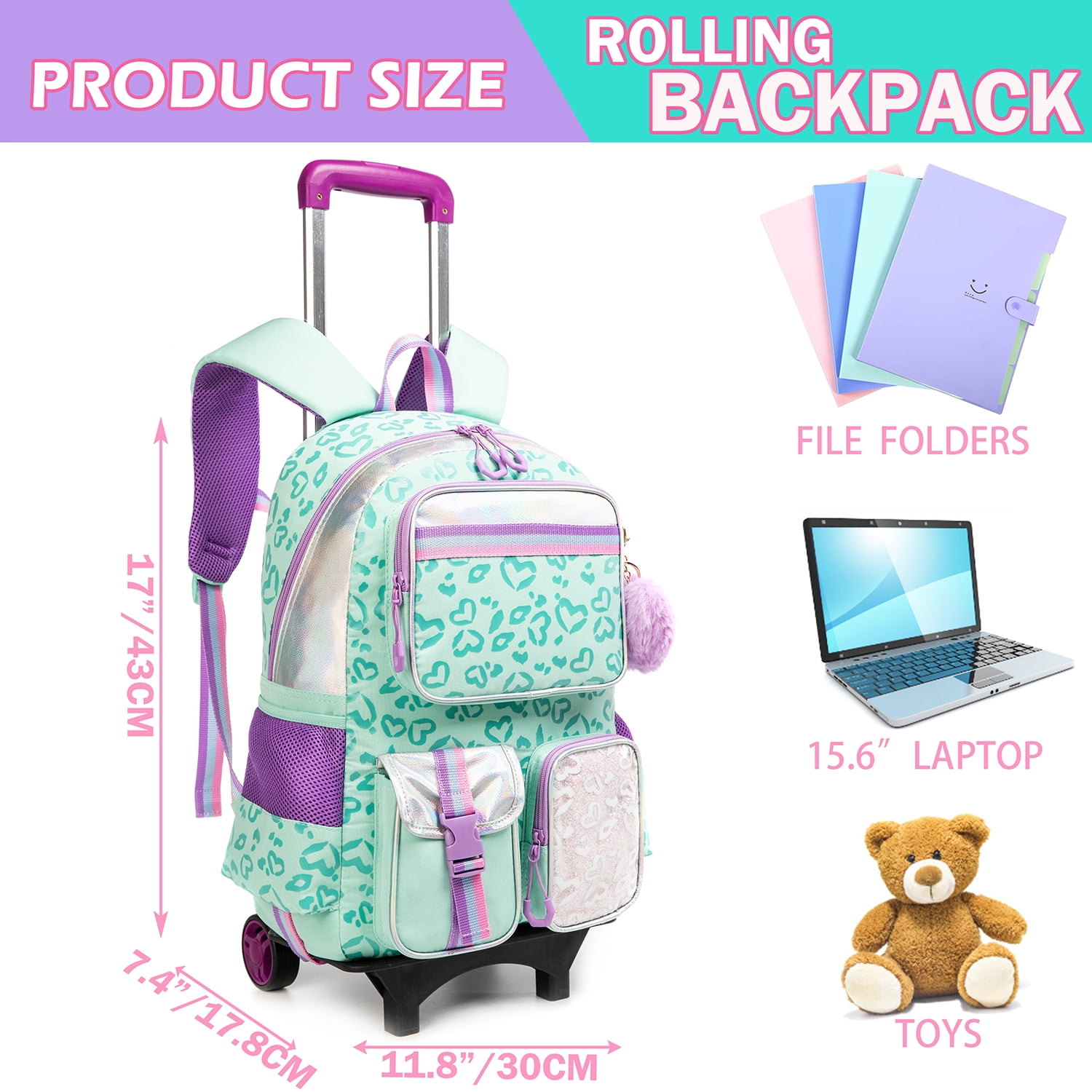 Kids Rolling Backpack with Wheels for Girls Teen,Trolley Roller Luggage with Wheels for Elementary School Students Bookbag
