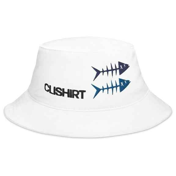 Clishirt Adult Unisex Embroidered Navy Royal Fish Cotton White Bucket Hat