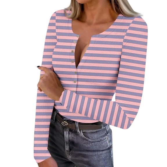 Women's Long Sleeve Henley Shirts Ribbed Knit Trendy Graphic Casual Tops Slim Fit Stretchy Button Up Pullover Blouse (M, Pink)