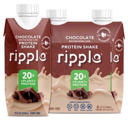 Ripple Chocolate Vegan Protein Shake, Shelf Stable, 4 Pack