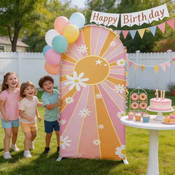 Microplushshop 6.6ft Boho Sun Daisy Arch Backdrop Cover, Pink Orange Sunburst Double-Sided Fabric Cover for First Birthday, Photo Props, Outdoor Picnic, Groovy Party Decor