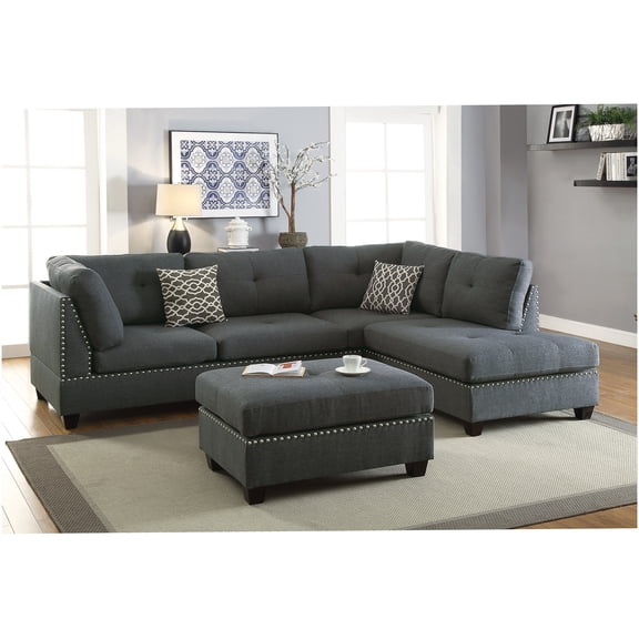 Reversible Chaise Sectional Sofa Set in Grey Fabric with Ottoman for Modern Living