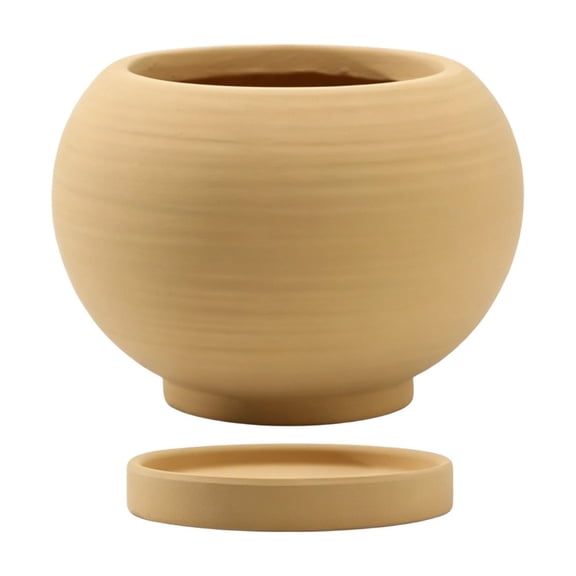 DefiDgd Ceramic Striped Round Planter With Drainage Tray,Minimalist Style Flower Pot for Succulent Plants Bouquet Floral Desktop Home Office Balcony Indoor Outdoor Garden Decor(Yellow)