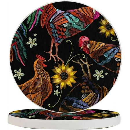 

Set of 2 Round Coasters Chicken-Rooster-Sunflowers for Drinks 4 Inch Ceramic Cups Place Mats Home Decor