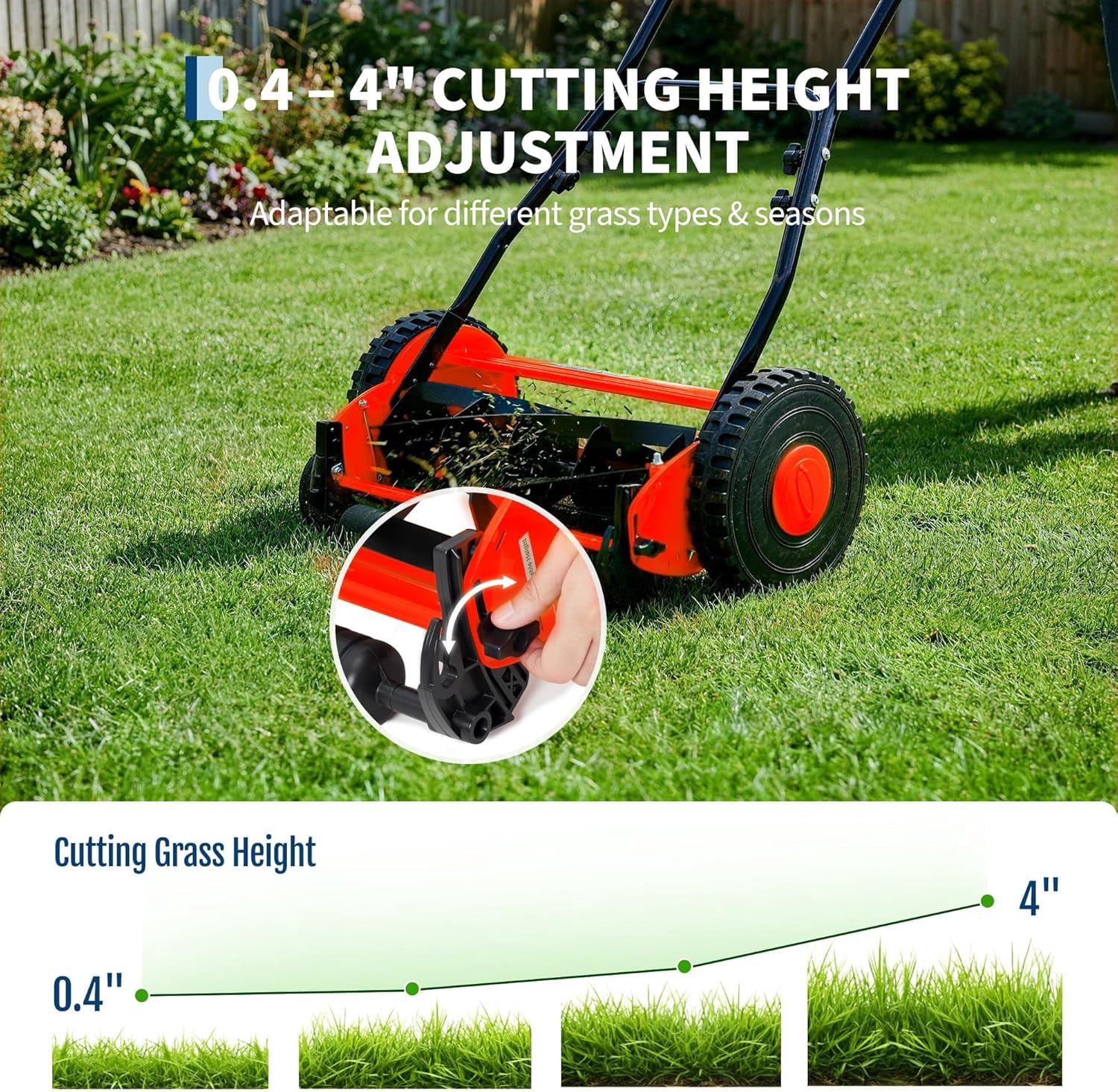 14in Push Reel Lawn Mower 5-Blade Manual Walk-Behind Mower Adjustable Cutting Height Compact Quiet for Small Yards and Easy Lawn Care