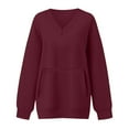 thumbnail image 6 of larppty V Neck Sweatshirt Women Pocket No Hood Oversized Pullover Casual Soft Long Sleeve Tops With Pockets Fall Fashion (Wine, XXL), 6 of 7
