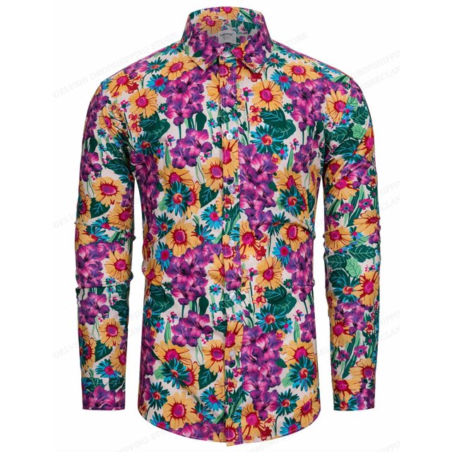 Camisa hawaiana de manga larga, camisa floral, camisas de moda para hombres, blusa de playa, blusas de flores, ropa para hombres, camisas con cuello vuelto