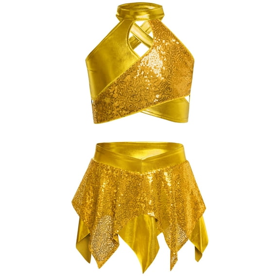 zdhoor Kids Girls Jazz Dance Outfits Sequin Crop Top Skirts Activewear Gold 12