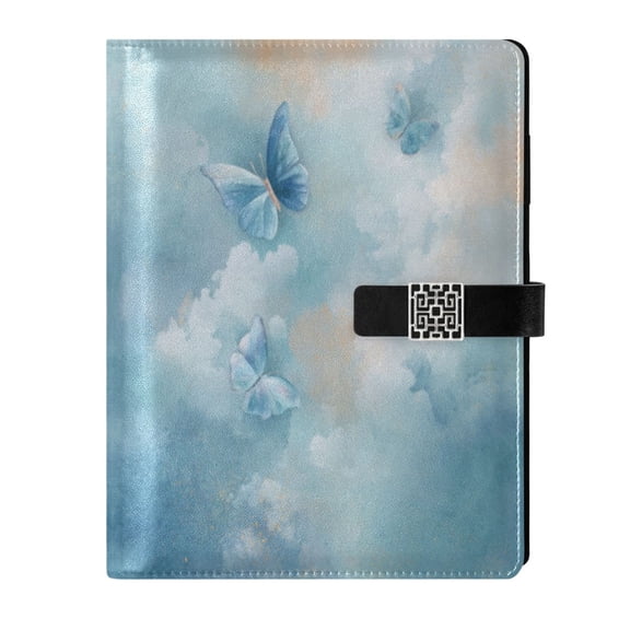 Leather Notebook with Pen Holder Writing Notepad Includes 100 Pages Lined Journal Watercolor Blue Butterflies