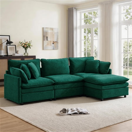 Korser Modular Sectional Cloud Couch with Movable Ottoman,3-Seat Modern Sofa with Pillows,Deep Seat L-Shaped Couch for Living Room,Bedroom,Assembly Required,Green