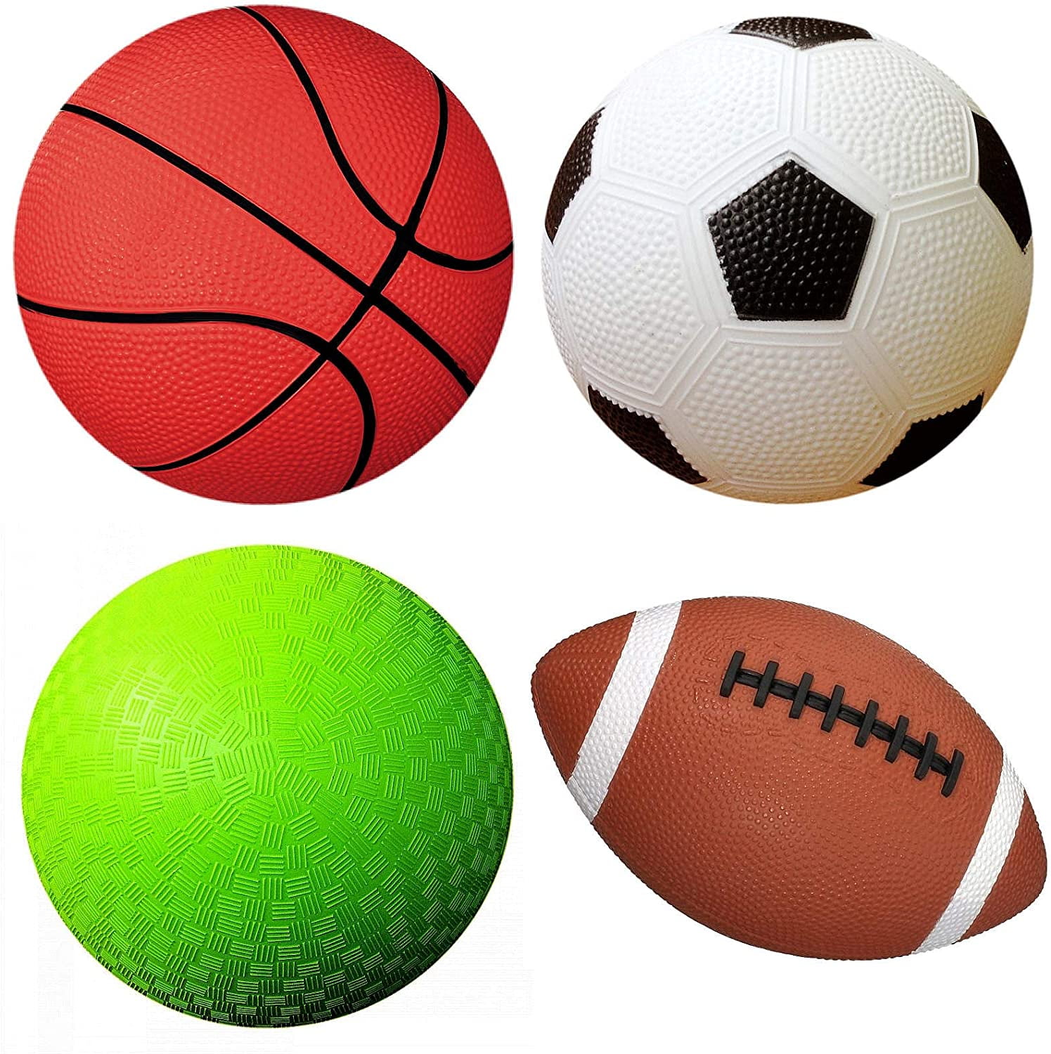Pack of 4 Sports Balls with 1 Pump 1 Each of 5" Soccer Ball, 5" Basketball, 5" Playground Ball