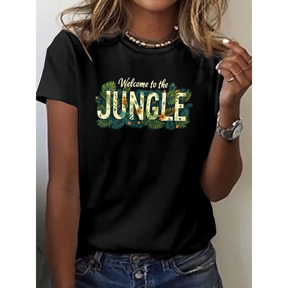 Jungle Print Short Sleeve Crew Neck T-Shirt, Breathable Casual Spring Summer Top for Women