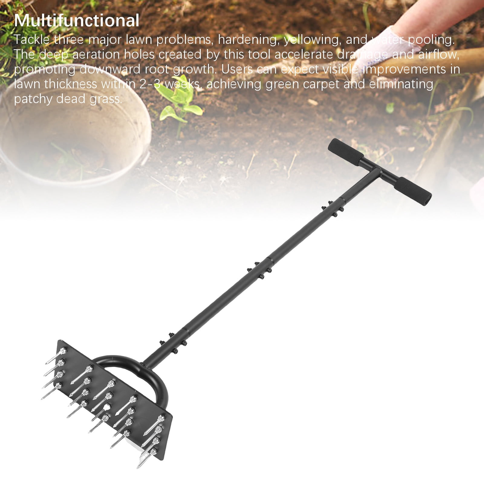 YAHHU Lawn Aerator Spike 34.6 In / 87.88 cm Extended T Shaped Handle Manual Lawn Aerator Tool Heavy Duty Steel Grass Aerator Tool For Yard Garden Soil Aeration And Landscaping Maintenance