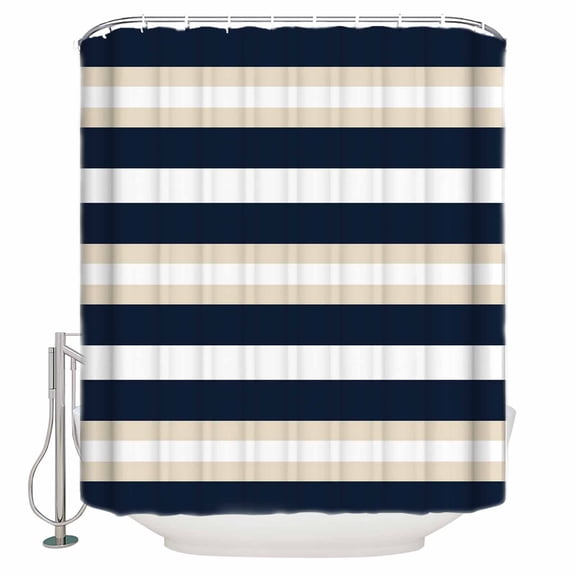 Khaki Navy Blue Striped Bathroom Shower Curtains with 12 Hooks Polyester Waterproof Shower Curtain for Stalls Bathtubs Farmhouse Abstract Lines Art Decorative Bathroom Privacy Curtain 66x72 Inches