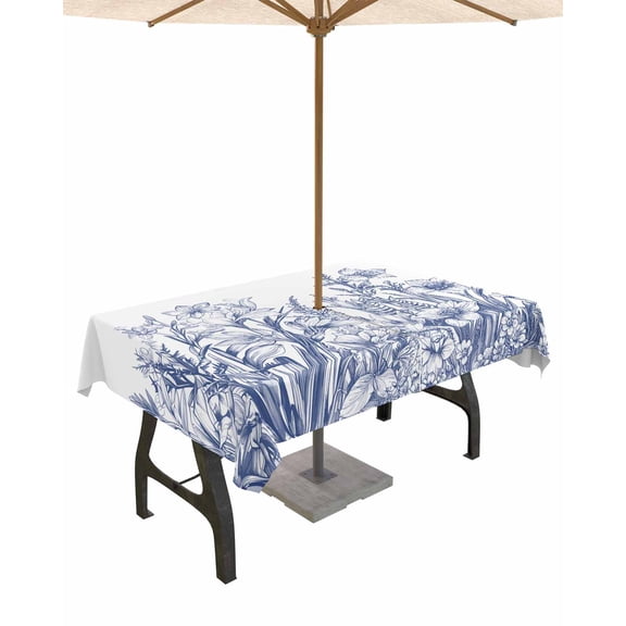 Boanket Outdoor Tablecloth with Umbrella Hole for Patio/Picnic/Party/Camping, Wildflower Leaf Waterproof Table Cloth Rectangle Table Cover Washable, Blue Floral Botanical White Watercolor (52"x 70")