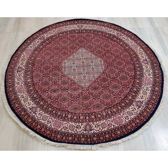 6'7" Round Red Cream Bidjar Medallion Hand Knotted Area Rug for Living Room