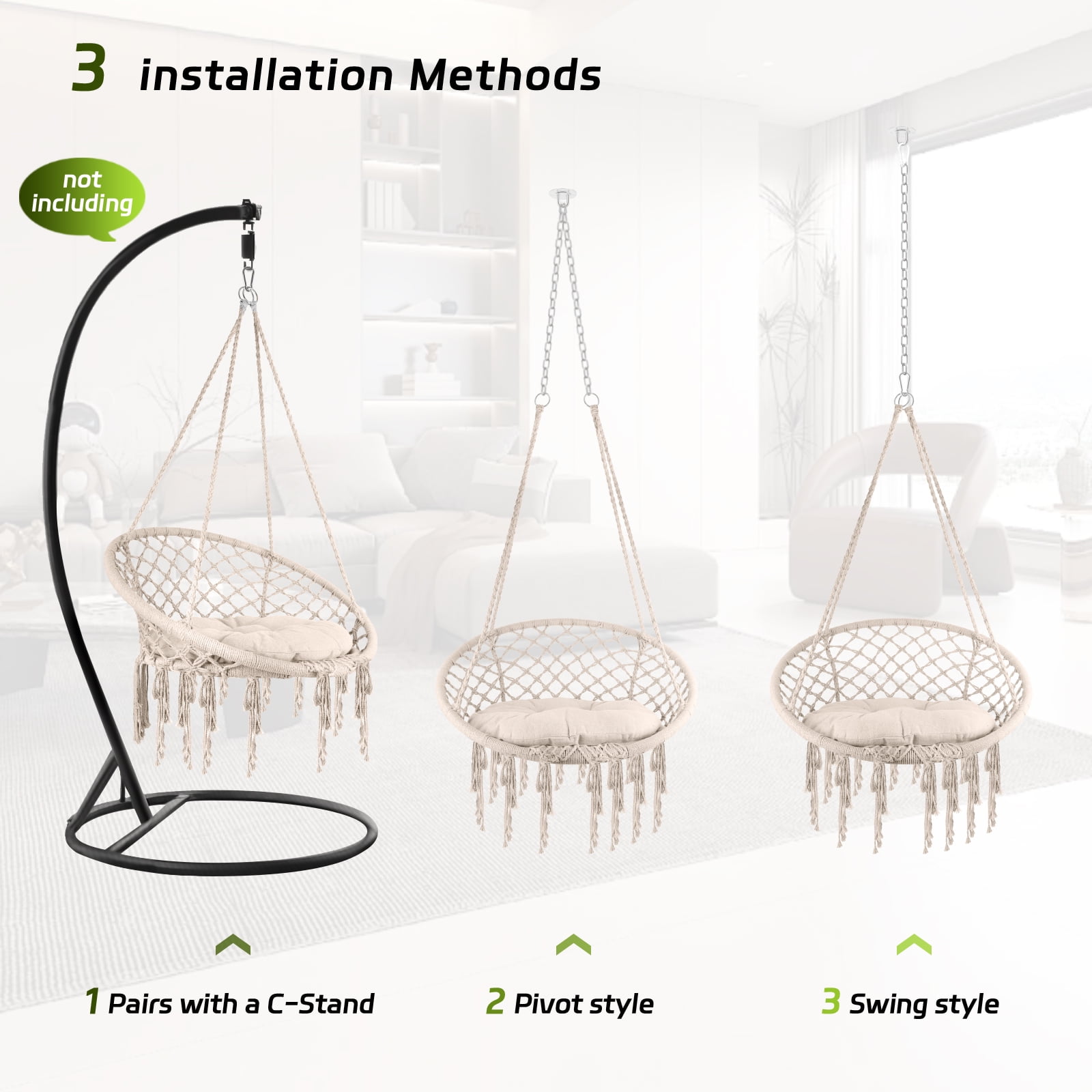 Macrame Hammock Chair Rope Swing, Hanging Cotton Kits - Hand-Woven Rope, Steel Spreader Bar Anti-Slip Rings, Cream White, Firmly Woven, Easy Assembly, Soft, for Porch Patio