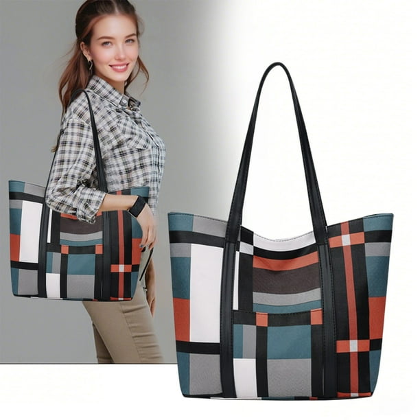 Bolso Tote Moderno de Gran Capacidad para Mujer, Versátil Bolso de Hombro/Bolso de Mano con Entramado de Pvc, Espacioso y Elegante para El Trabajo o El Ocio, Azul/Naranja, Diseño Ligero y Duradero.