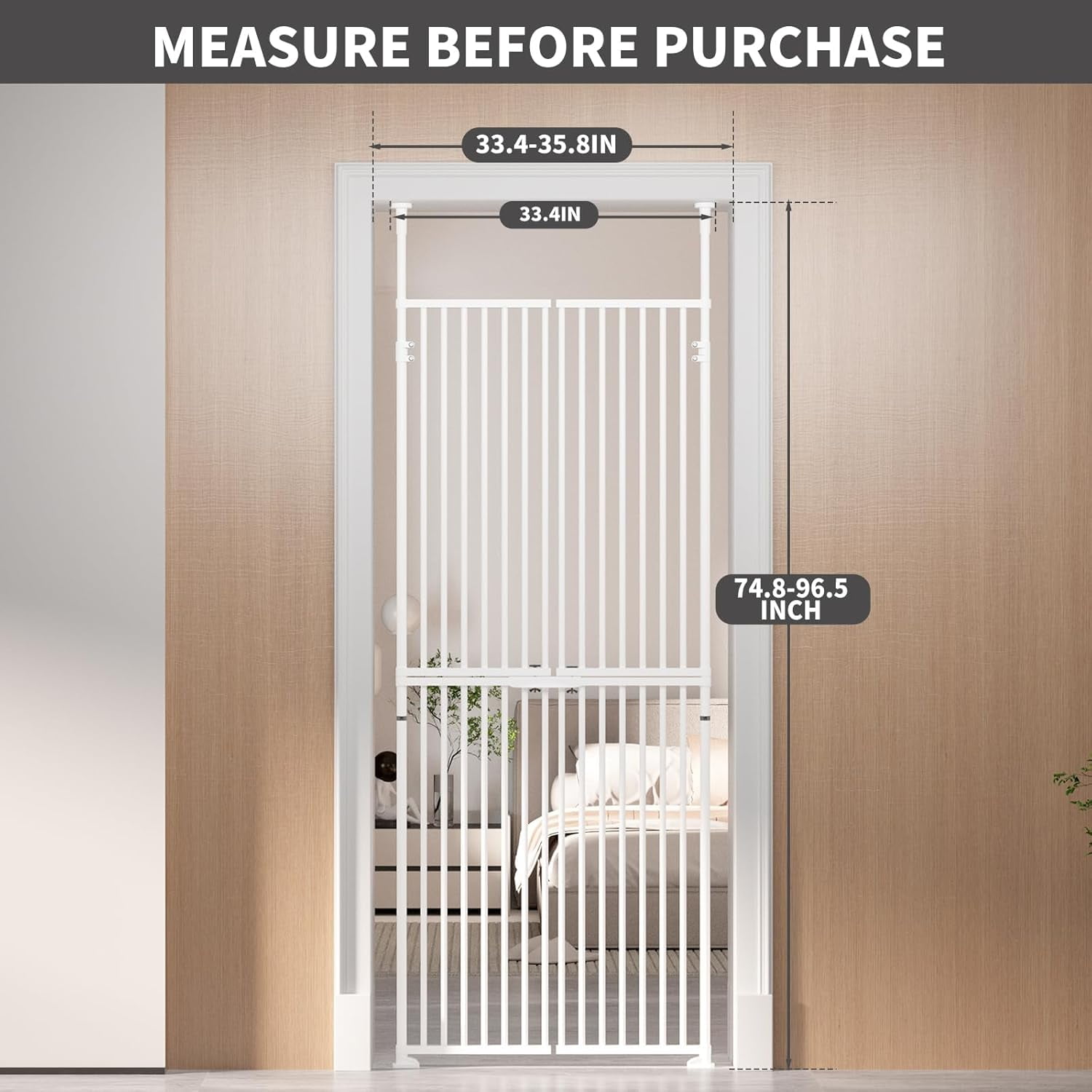 Slsy 75 Inch Extra Tall Cat Pet Gate, Adjustable 33.4"-35.8" Wide, No Drilling Pressure Mounted, Walk Through Swing Safety Gate for Pets, Double Door for Doorways, Stairs, Kitchen, House