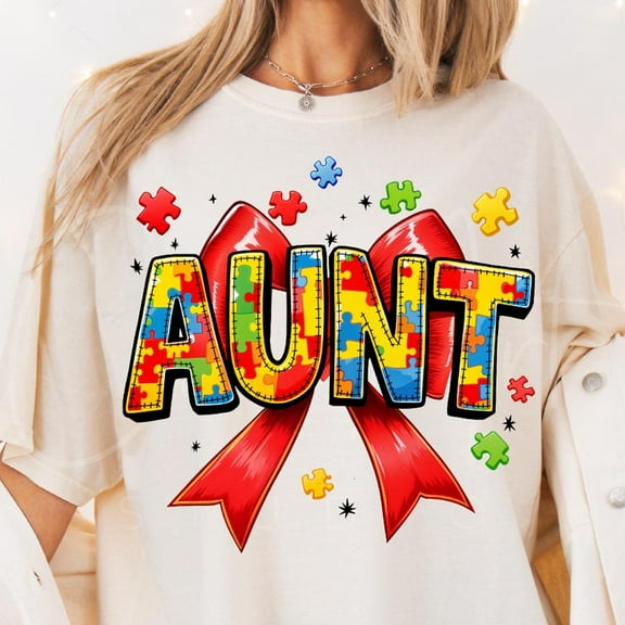 Autism Aunt T-Shirt, Autism Awareness Puzzle Design, Support Autism with Red Bow Tee