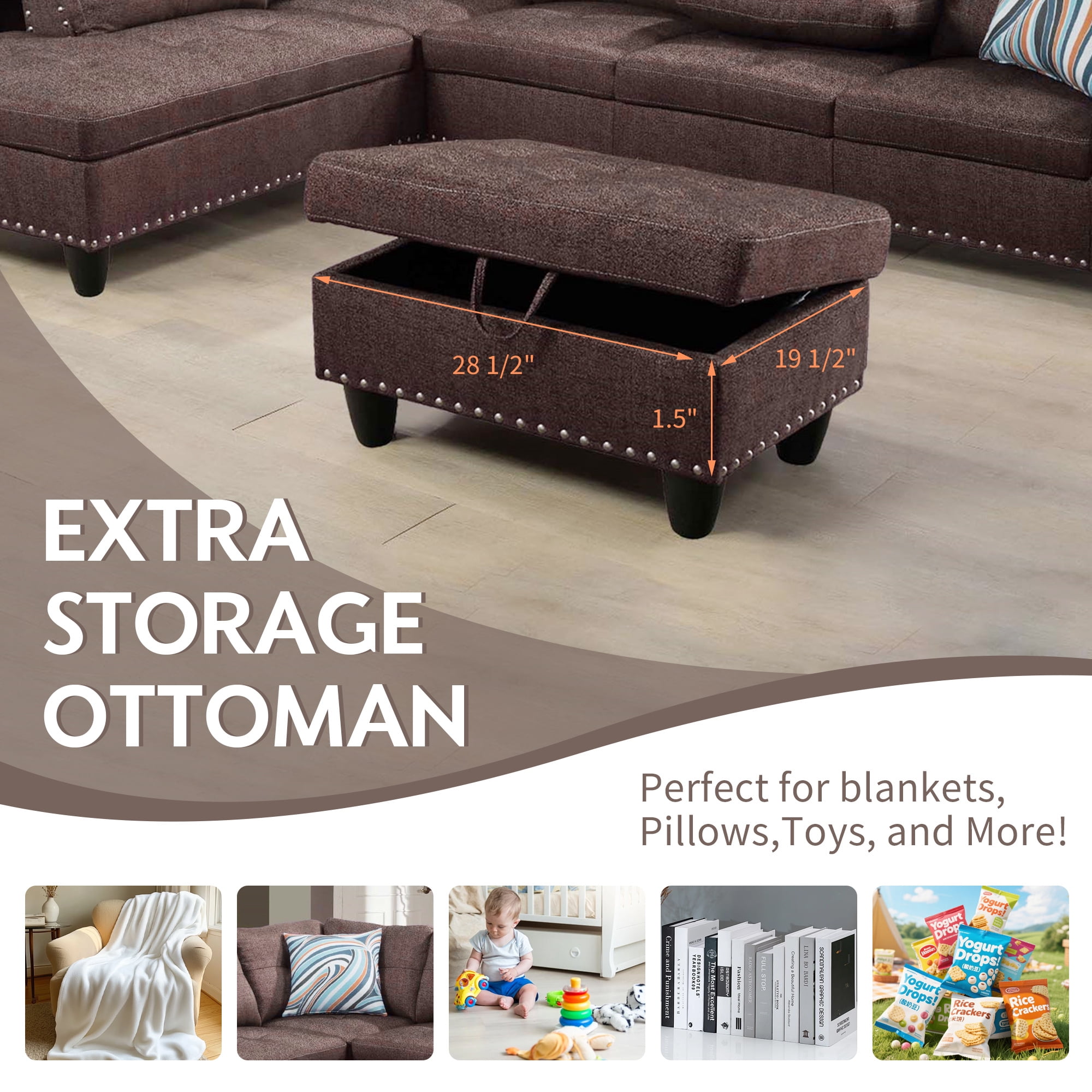 Aukfa 3 Piece Sectional Sofa, Living Room Couch with Storage Ottoman&Cup Holder, Linen, Right Hand, Brown