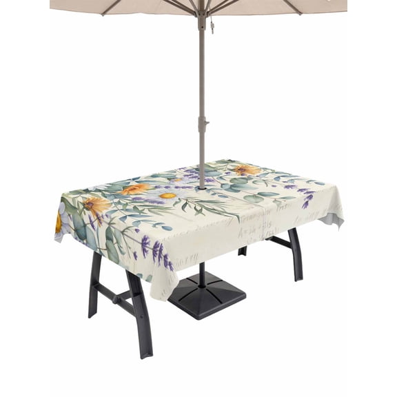 Outdoor Tablecloth with Umbrella Hole and Zipper, Floral Eucalyptus Leaves Rectangle Table Cloth 52x70 Inch Waterproof Tablecloth, Daisy Summer Botanical Pastoral Picnic Table Cover for Patio Camping