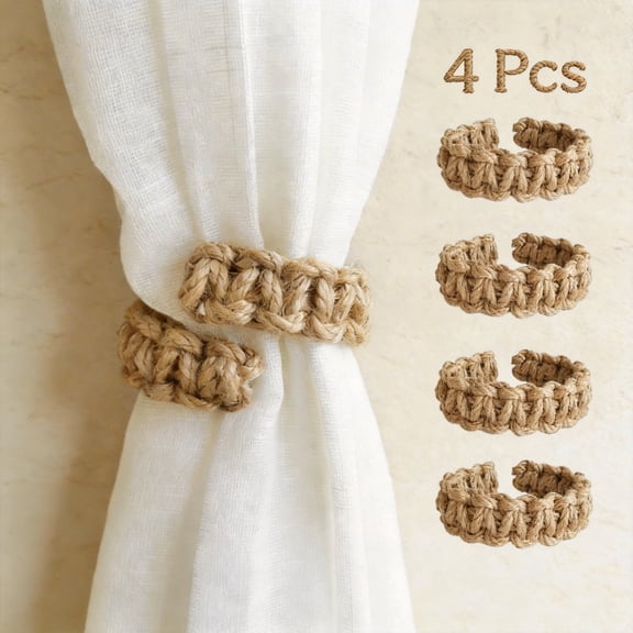 Rustic Rope Curtain Tiebacks, 4-Pack Farmhouse Decorative Curtain Holdbacks, Handmade Khaki Drapery Ties for Light Sheer Curtains, Modern No-Drill Window Treatment Accessories