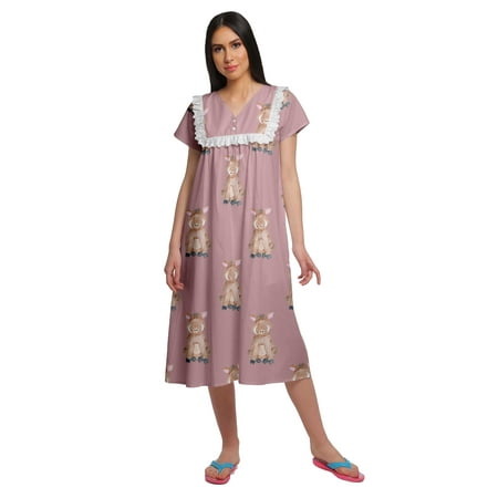 

Moomaya Printed Short Sleeve Nightdress For Ladies Button Placket Nightwear