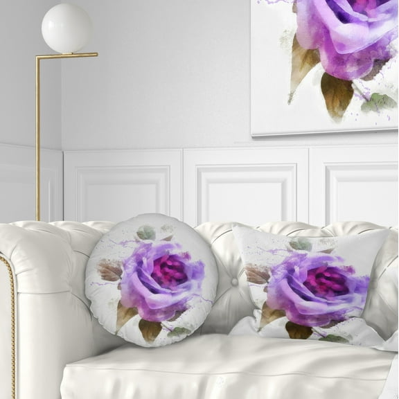 Designart Watercolor Purple Rose with Leaves - Floral Throw Pillow - 12x20