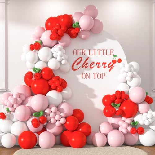 Cherry Balloons Garland Arch Kit, 180pcs Red Pastel Pink White and Long Green Balloons for Cherry on Top Baby Shower Valentine's Day Bridal Shower Wedding Galentine's Girl Birthday Decorations