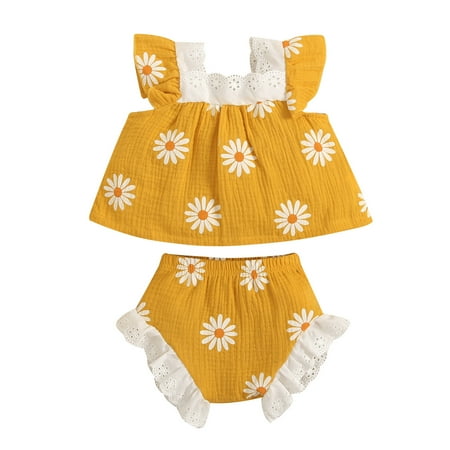 

Baby Girls Summer Sleeveless Lace Linen Cotton Daisy Floral T Shirts Tops Ruffle Shorts Outfits Clothes Set Size 0 Months-24 Months