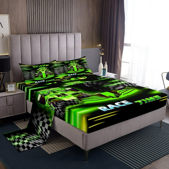 Erosebridal Green Car Sheet Set Twin,Extreme Sport Bedding Sets Twin Size,Geometric Buffalo Twin Sheet Sets,Breathable Automobile Room Decor,3pcs
